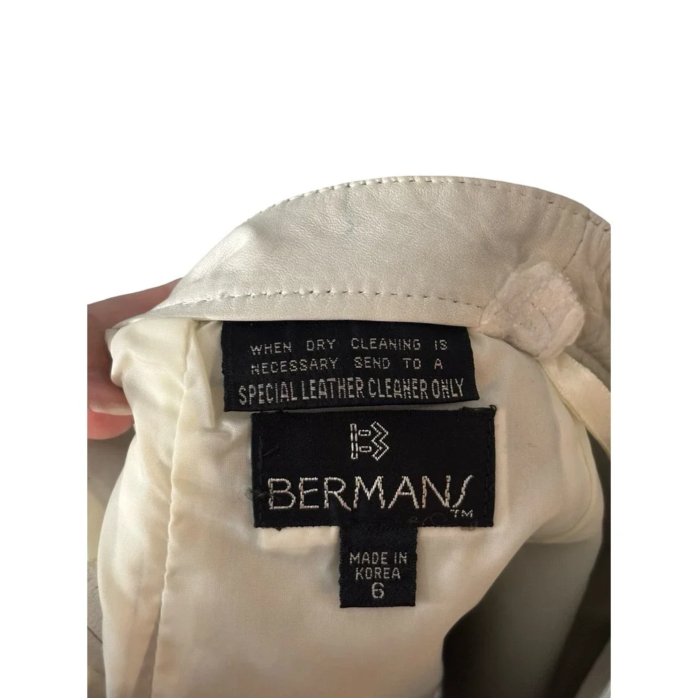 Bermans Vintage Leather Mini Skirt Size 6 Cream High Waisted Genuine Leather